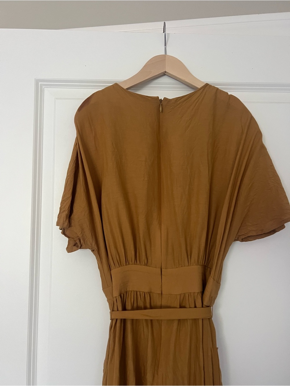 MADEWELL Mustard Brown V-Neck Short Sleeve Midi Dress with Tie Waist - Picture 7 of 8
